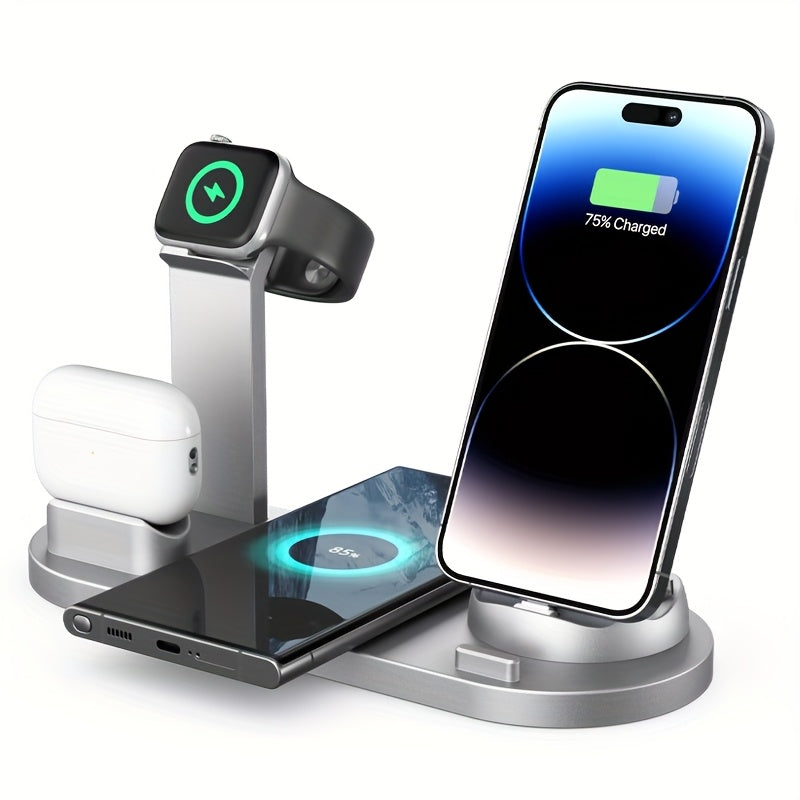 Wireless charger with fast charging for iPhone, Samsung, and Android series, also compatible with AirPods and iPhone Watch.