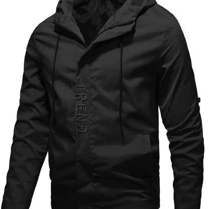 Men's hooded zip-up cargo jacket for spring and fall outdoor activities.