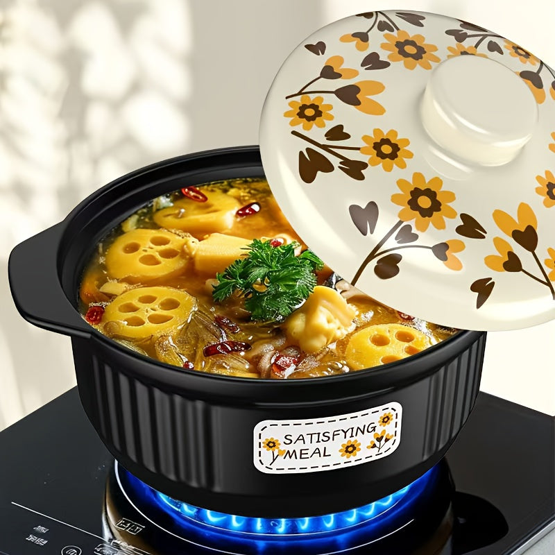 Ceramic casserole dish with sunflower design, 3400ml capacity, round shape, dishwasher safe. Ideal for stew, soups, and other dishes. High temperature resistant, suitable for use on gas stoves. Crack-resistant and explosion-proof.