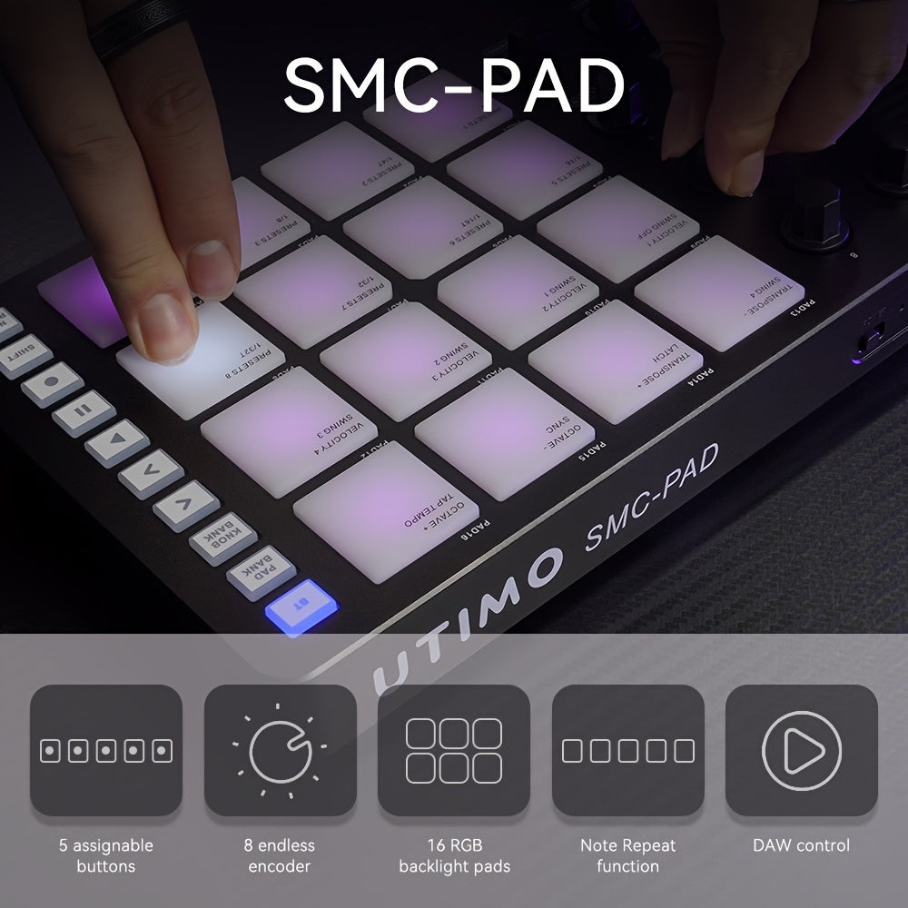 The M-VAVE Wireless MIDI Controller is compatible with DAWs, has a built-in battery, backlit buttons, rotary encoders, RGB drum pads, touch feedback, MIDI output, and note repeat function.