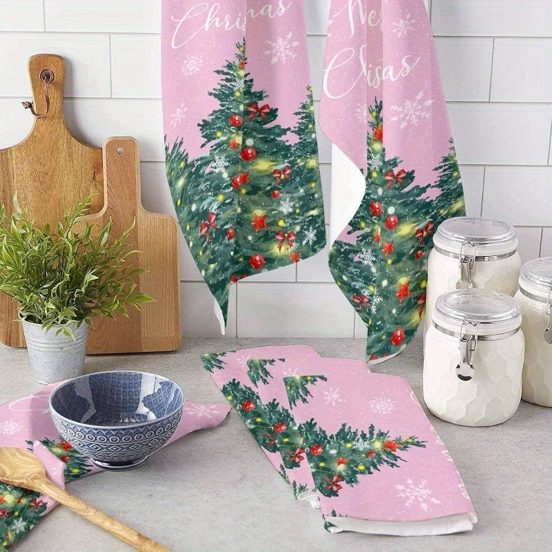 Set of 2 Merry Christmas kitchen towels, measuring 18 by 66.04 cm each. Featuring a pink design with a sparkle Christmas tree ornament. Includes a kitchen towel and dish towel.