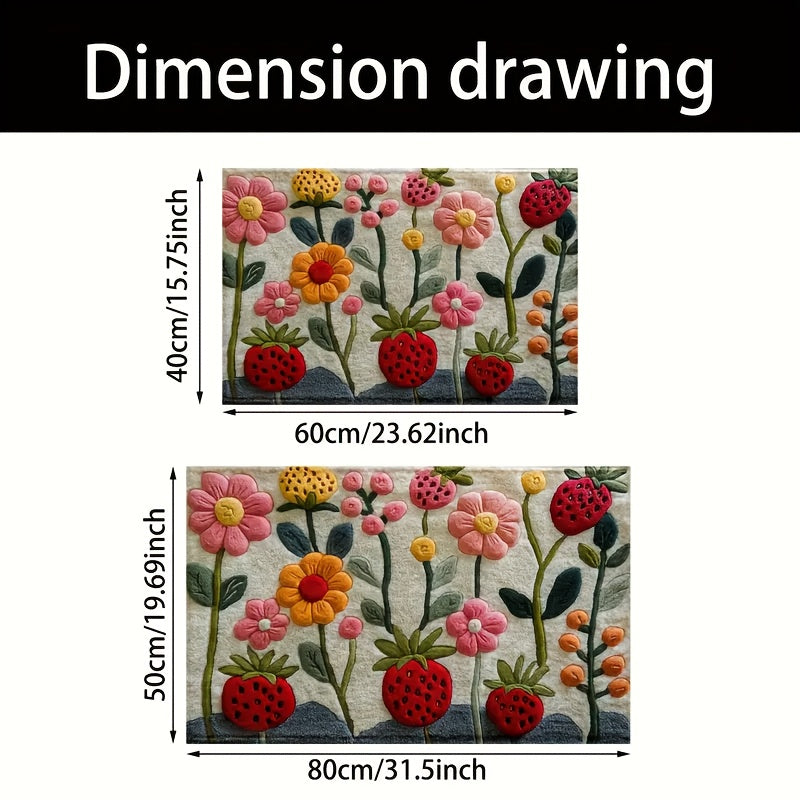 3D Floral Pattern Strawberry Anti-Slip Bath Mat - Made of Ultra Soft Faux Velvet, Absorbent & Stain Resistant Material, Ideal for Bedroom, Bathroom, Kitchen, and Entryway - Easy to Clean in Washing Machine, Adds Fluffy Plush Winter Accent to Home Decor.