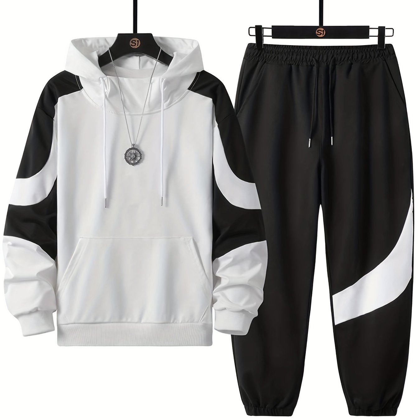 Colorful patterned hooded sweatshirt and sweatpants set for plus size men's autumn/winter clothing