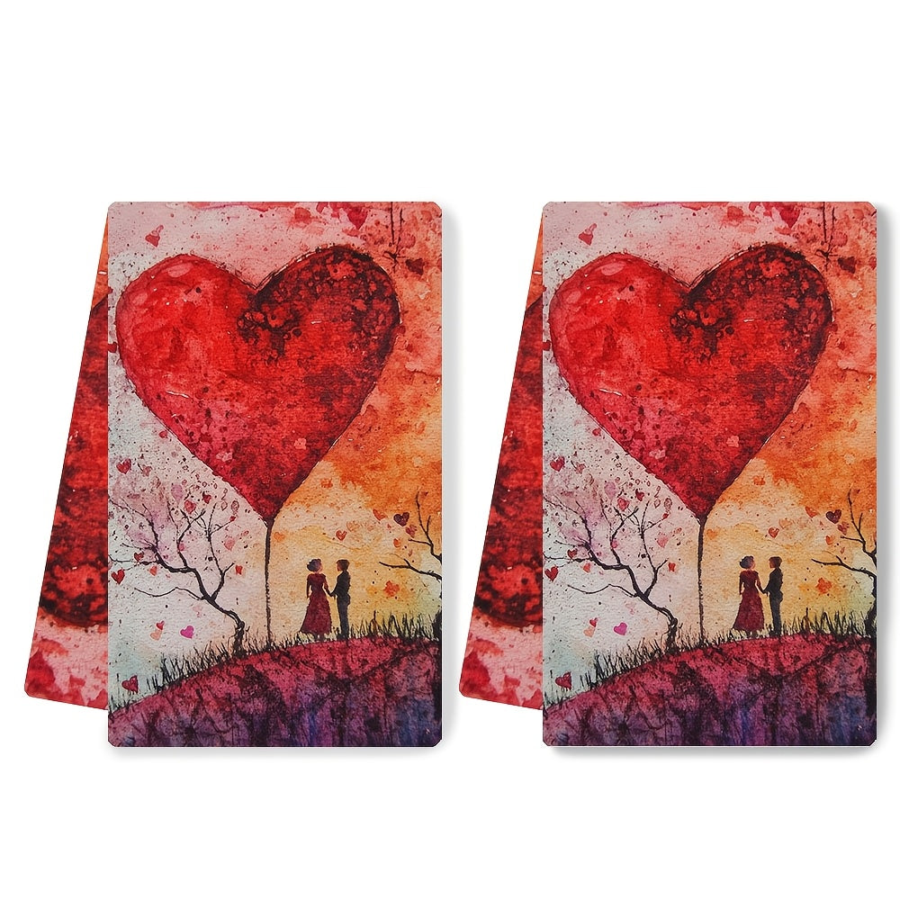 Set of 2 Romantic Sunset Heart Balloon Kitchen Towels - Made from Ultra Soft and Highly Absorbent Polyester, Size 40.64x60.96 cm, Easy to Clean in the Washing Machine, Perfect for Valentine's Day Decor and Daily Use as Dish Hand Towels