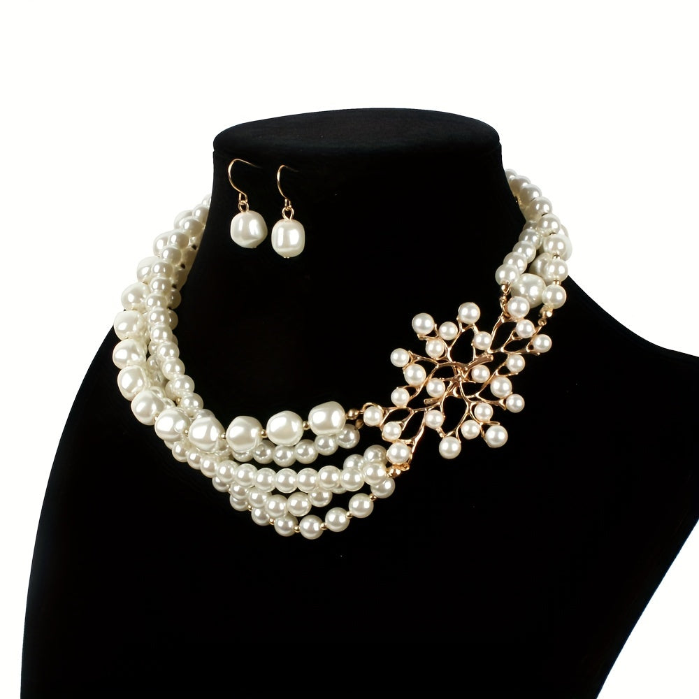 ornament for party, wedding, and prom, this jewelry set features a vintage-inspired baroque style faux pearl tree branch design necklace and earrings.