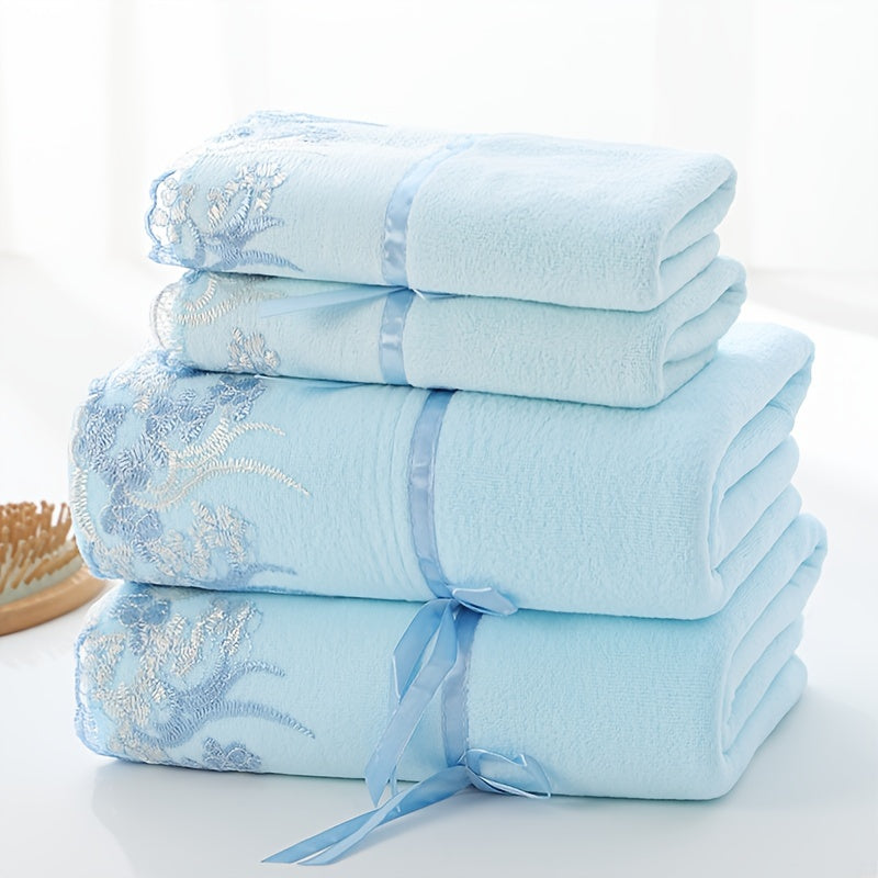 4-piece lace towel set with floral edges, made of ultra-soft polyester blend. Includes 2 bath towels and 2 hand towels, ideal for home and spa use.