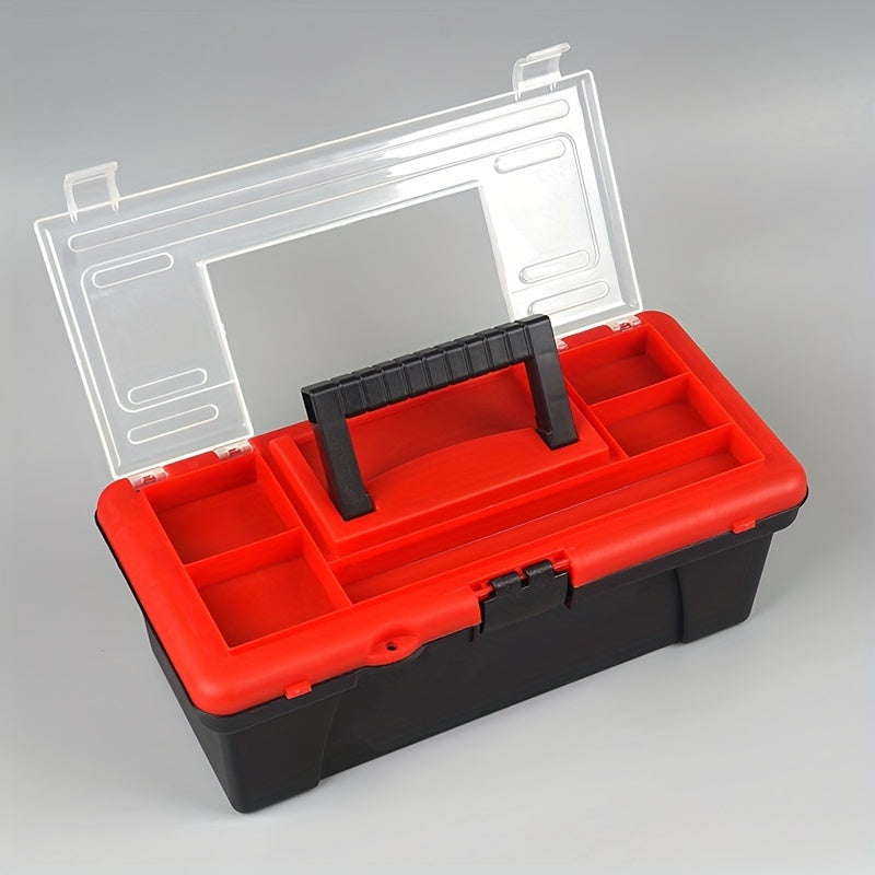 12-inch portable toolbox with top compartment, suitable for car repairs, electricians, and home use. Made of plastic, with screw storage and hand-carry feature.