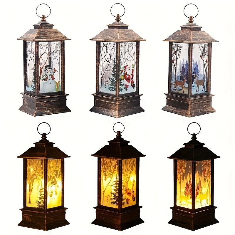 Retro Christmas lantern with Santa, elk, and snowman patterns, perfect for tabletop décor or gifting.