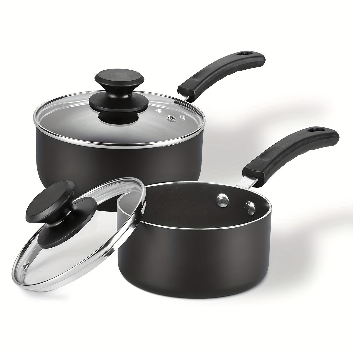 Set of two nonstick sauce pans with lids, including 1 quart and 2 quart sizes. Features stay-cool handles, induction compatibility, and PFOA-free coating. Ideal for cooking pots in the kitchen.