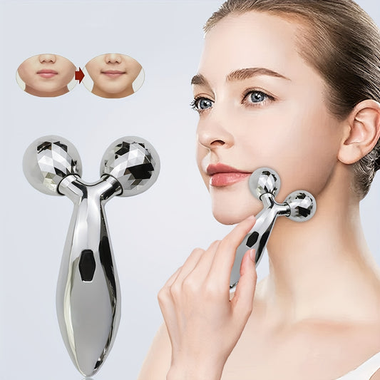 1pc 3D Manual Roller Massager and 2pcs Y-Shaped 360-Degree Rotating Face & Neck Relaxation Devices, Silver Skincare Beauty Tools, No Power Required.