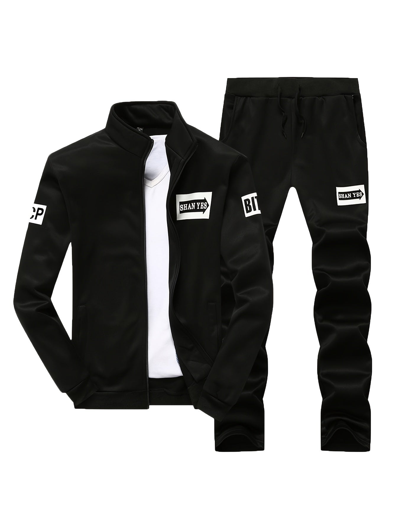 Men's Casual Fleece Zip-Up Jacket and Pants Set with "SPORT" Lettering in Black Polyester for Spring/Fall. Features Pockets, Comfortable and Durable.