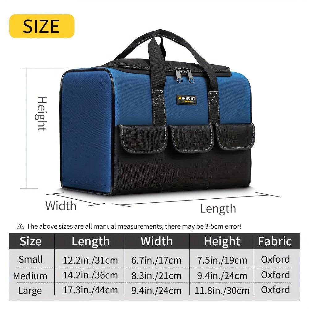 Durable tool bag with wide mouth for easy storage and organization, ideal for men, featuring inside pockets.