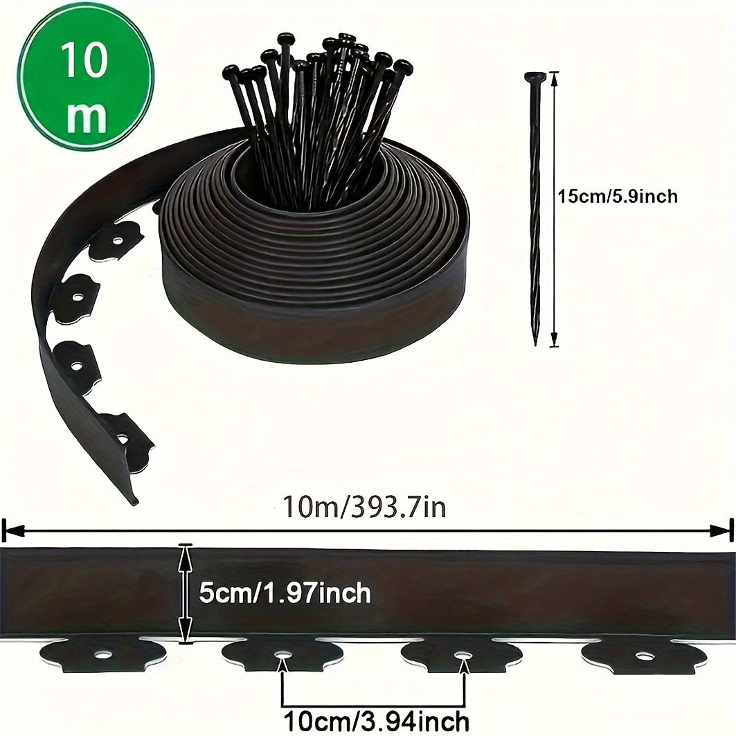 10m black PE garden edging with 30 sturdy anchoring pegs for lawn and garden separation.