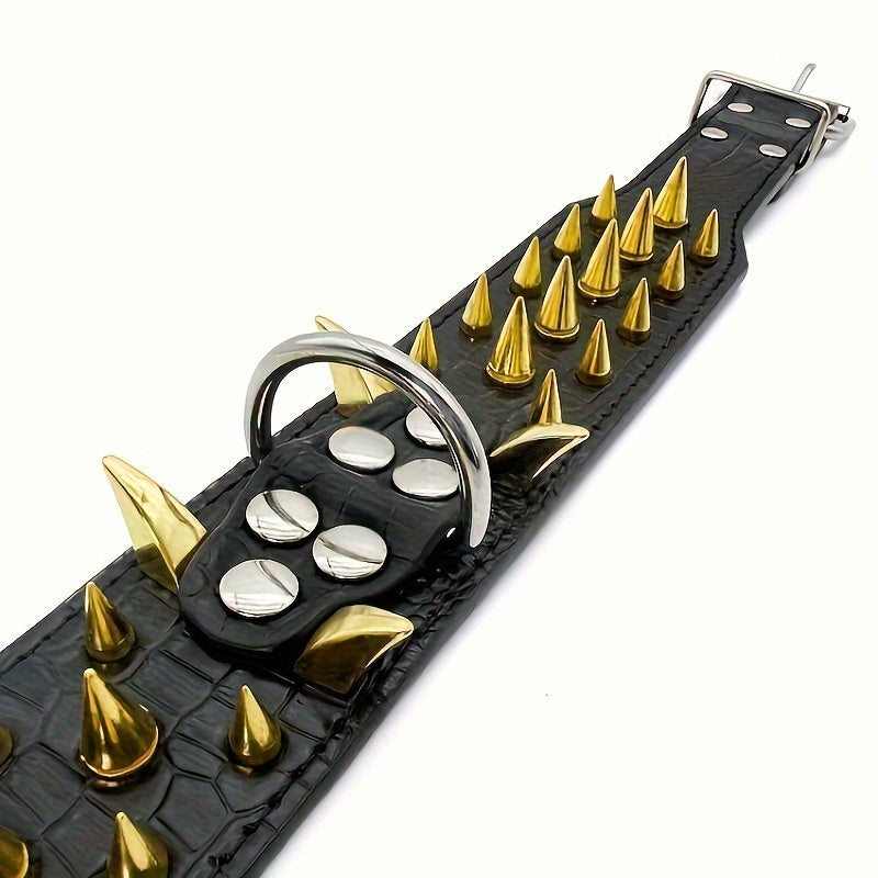 Fashionable leather dog collar with golden sharp spikes, suitable for medium and large dogs.