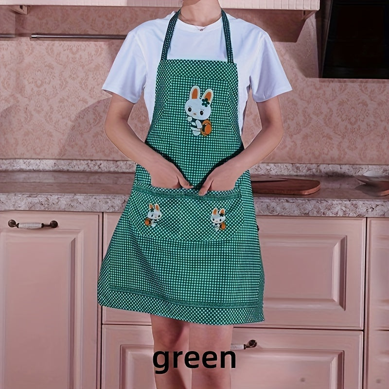 Plaid polyester kitchen apron featuring cute bunny design in soft woven velvet fabric, durable for home and restaurant use. Available in pink and purple.