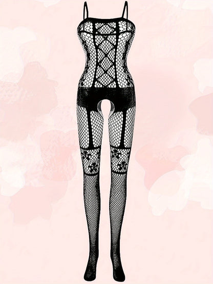 Women's fishnet lingerie set including bodysuit, tights, and stockings in a sexy lace design.