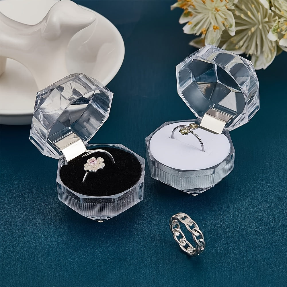 10 elegant octagonal crystal clear plastic ring boxes with metal interior - ideal for jewelry display, weddings, parties, and as jewelry boxes.