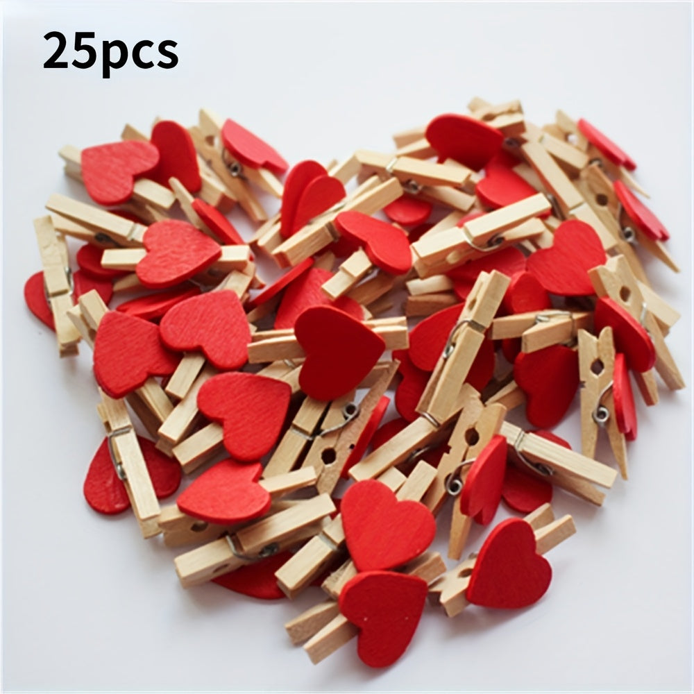 25 red heart wooden clothespin clips for photos, paper, or postcards, ideal for home decor or wedding stationery.