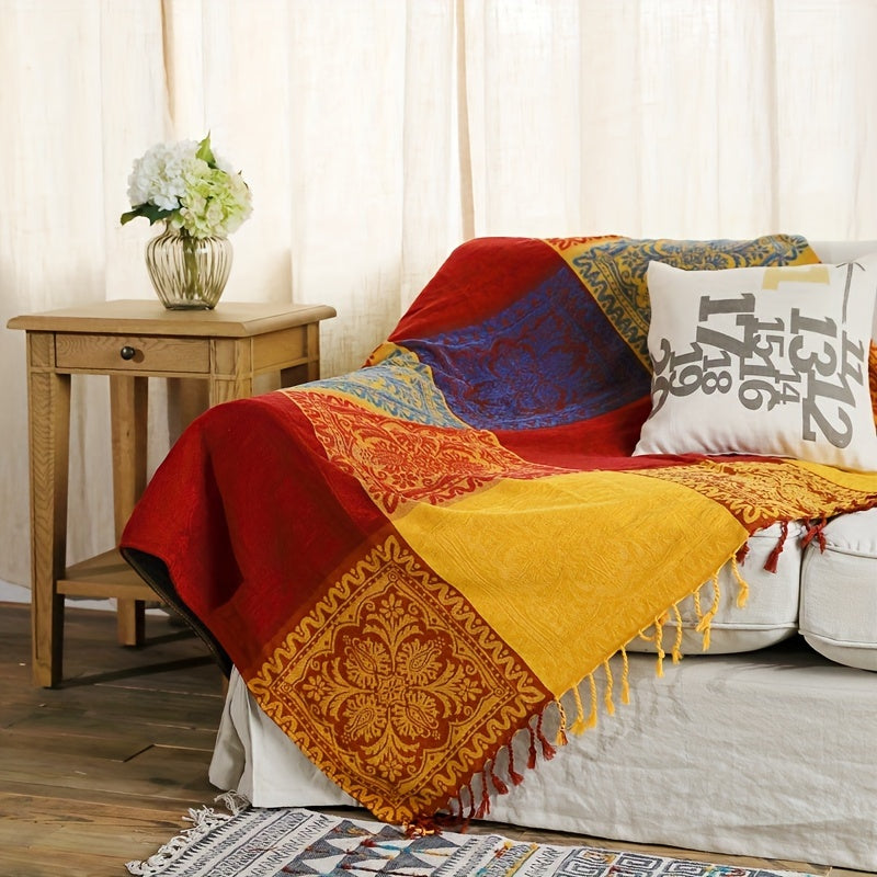 Boho jacquard chenille tassel blanket perfect for napping, cozying up on the sofa, or using as a casual bedspread.