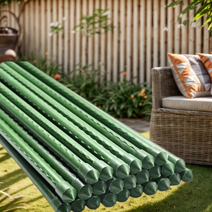 10 Garden support stakes for climbing plants made of durable plastic and steel pipe, perfect for tomatoes, cucumbers, and grapes. Essential tool for lawn care.