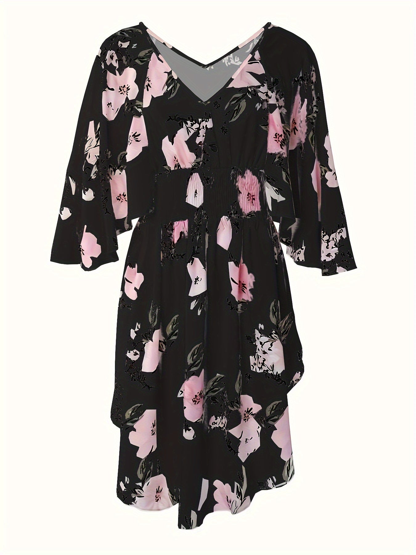 Floral print V-neck dress with tie waist and flare sleeves for spring and summer.