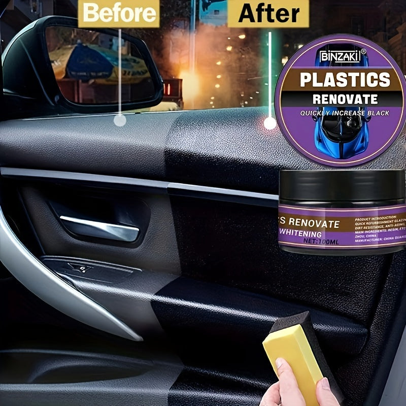 Multi-purpose car restoration wax for black vehicles repairs yellowing, enhances interior shine, protects tires, and revitalizes plastic parts.