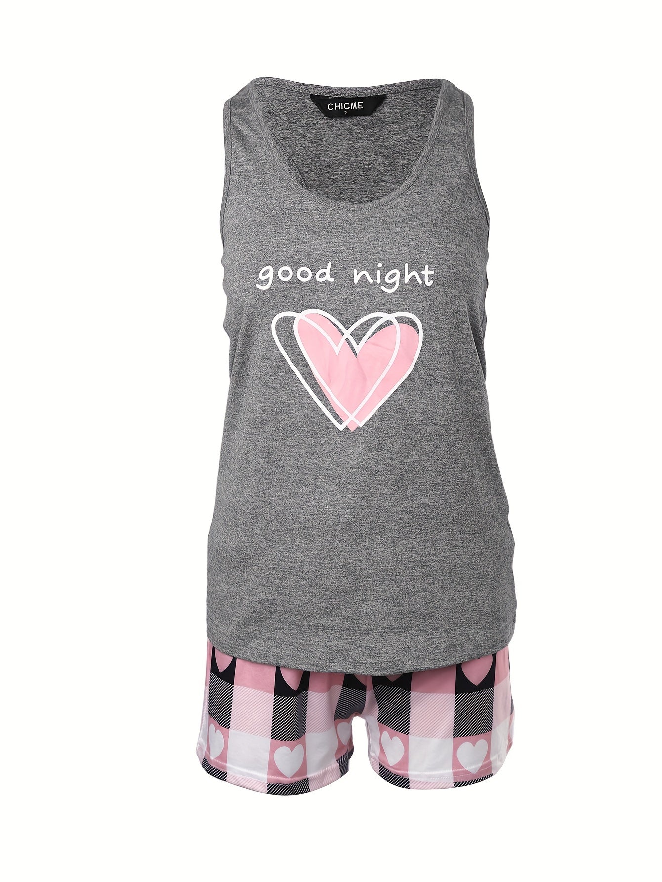 Heart and letter print pajama set including crew neck tank top and drawstring shorts for women's loungewear.