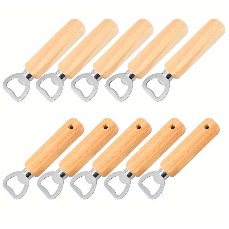 10pcs Wooden handle stainless steel bottle openers for beer, wine, and juice opening. Perfect for use in bars, pubs, clubs, restaurants, or at home as summer drinkware accessories.