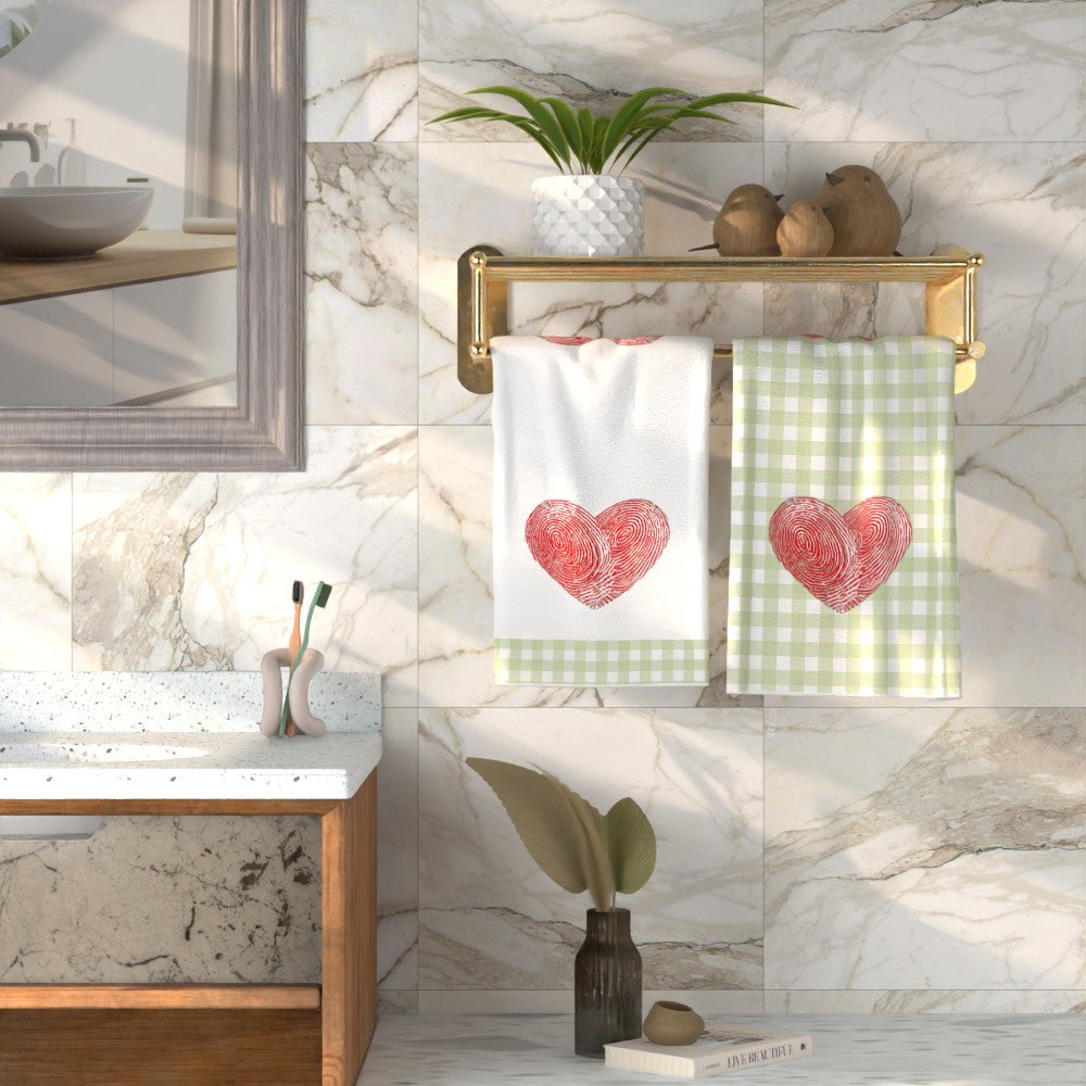 Get two Valentine's Day heart print tea towels with a modern fantasy theme in this 2-pack set. Each towel measures 45.72x66.04 cm and is made of super soft polyester. These towels are machine washable and feature long-lasting vibrant colors. They are