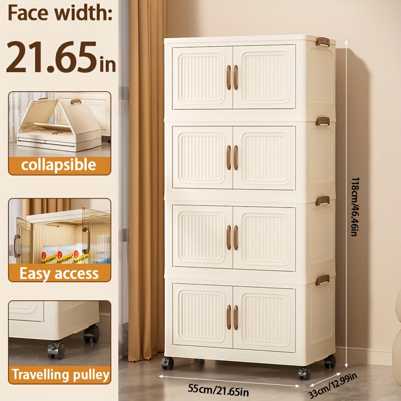 Spacious Foldable Storage Cabinet with Doors & Wheels - Available in 3, 4, or 5 Layers, Waterproof Plastic Organizer for Bedroom, Living Room, Kitchen - Flexible Home Storage Solution with Utility Hooks