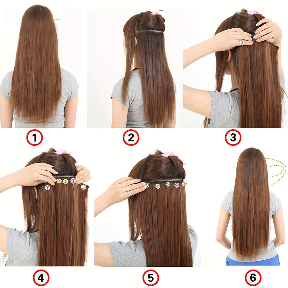 Elegant natural looking synthetic clip-in hair extensions for daily use, 32 inch long straight pieces with 5 clips.