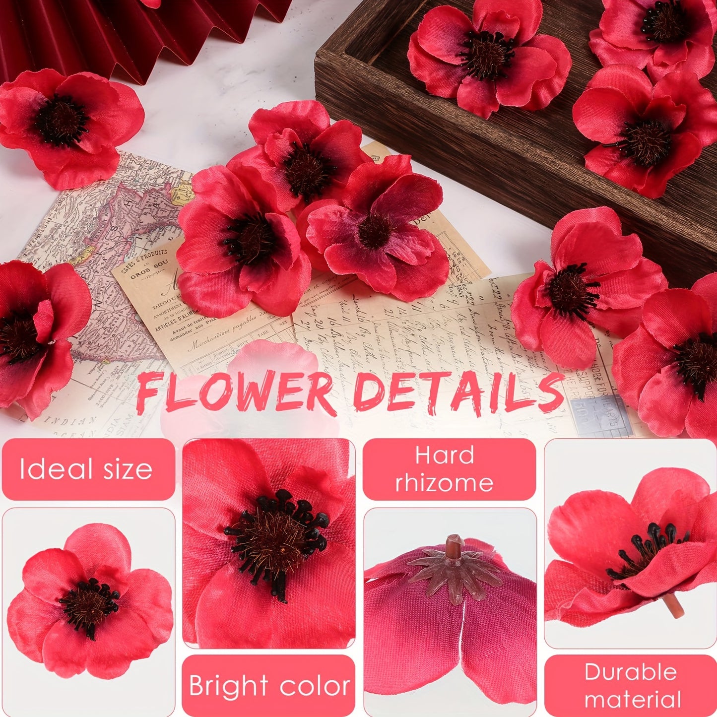 30 stemless artificial poppy flowers for Veterans Day, weddings, home decoration, parties, and crafts.