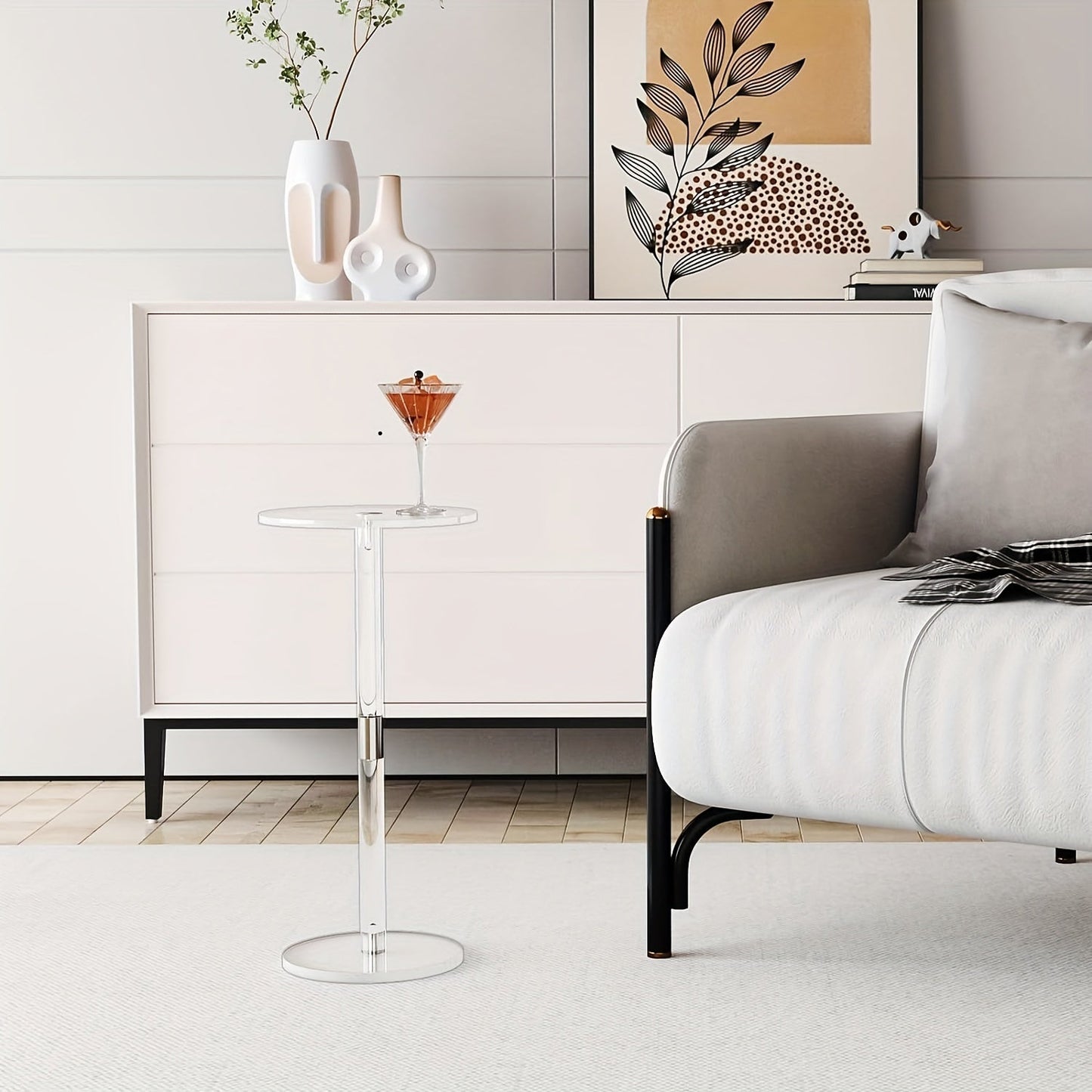 Transparent acrylic tea table for one person, designed in a Nordic simple and creative fashion. This modern small round table is perfect for saving space and adds a touch of style to any corner of your home.