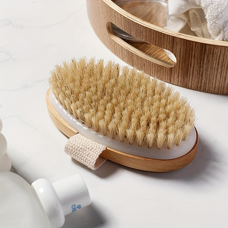 High-quality natural bristle body brush for gentle exfoliation, ideal for wet or dry skin. Handheld wooden design with soft dense bristles, no batteries needed. Perfect for a home spa