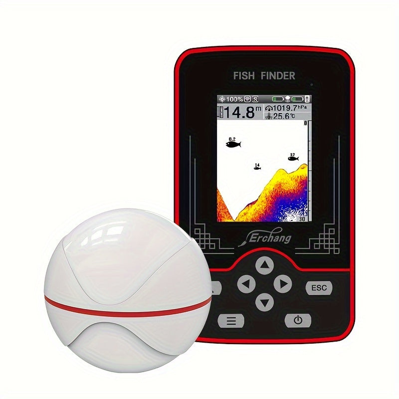 Erchang F13 Wireless Fish Finder Sonar with 60.96m range, rechargeable battery, LCD display, portable for various fishing environments in white and red design. Features fish location