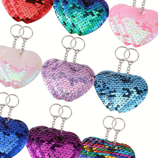 Set of 24 Sparkling Sequin Heart Keychains - Featuring Double-Sided, Cartoon-Themed Metal Charms for Bags & Backpacks - Ideal for Party Favors & Birthday Gifts