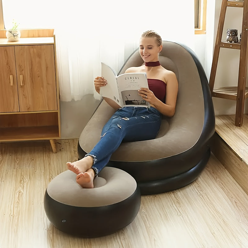 Inflate your relaxation with the 1pc Inflatable Lounge Chair with Footstool. This portable PVC Lazy Sofa Bed offers easy inflation and manual reclining for ultimate comfort. Perfect for indoor or outdoor use, this foldable chair comes with a detachable