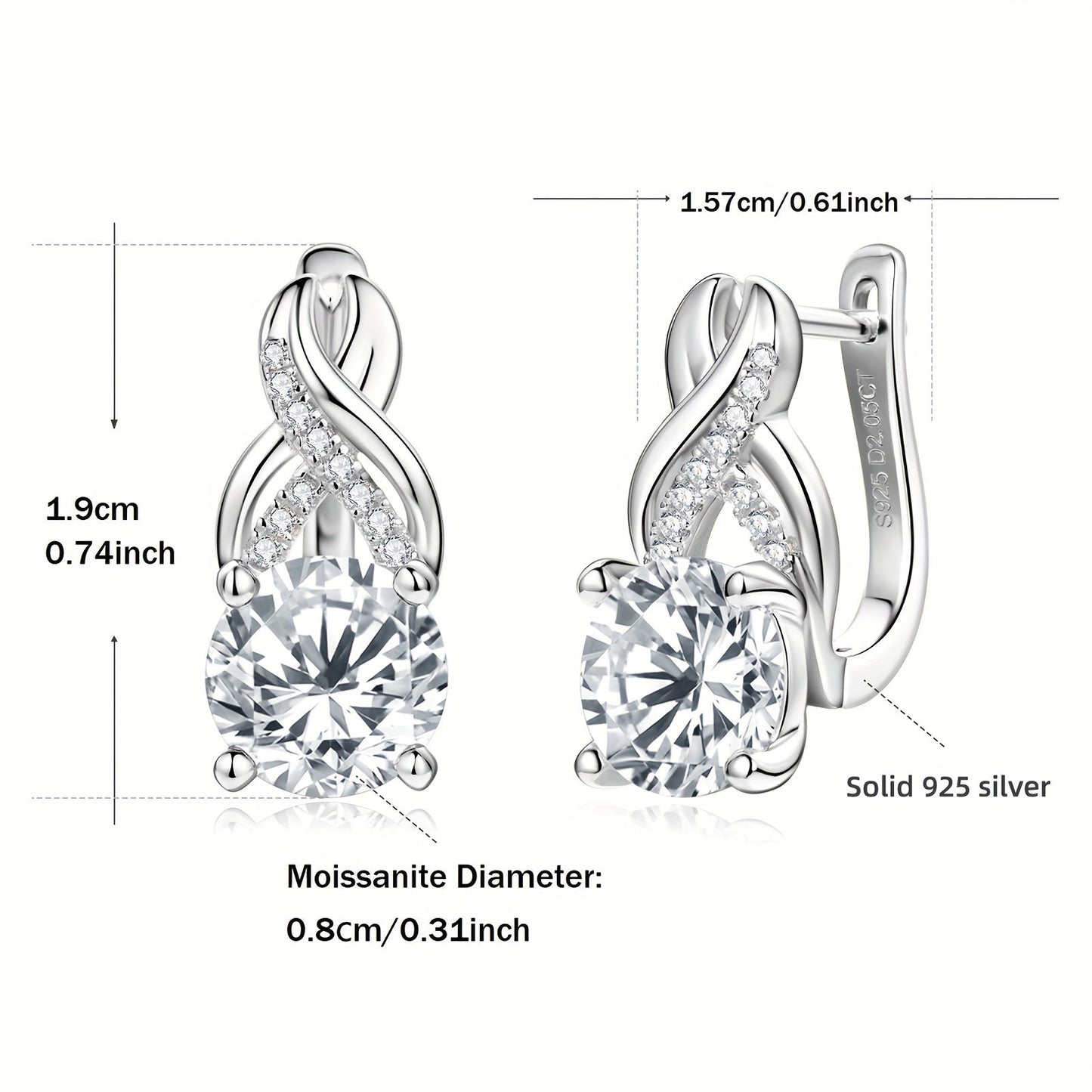 Get yourself a stunning pair of Moissanite earrings designed for women featuring infinite elements. These 925 pure silvery earrings have 8mm round Moissanite stones, perfect for weddings and parties. The earrings weigh about 4.89g and each one showcases