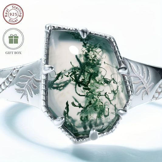 Classic and Stylish S925 Sterling Silver Wedding Ring for Women - Featuring a Gorgeous 7*10mm Green Moss Agate Stone, Beautiful Vintage-Inspired Open Design with Intricate Floral Patterns, Perfect for Everyday Wear or Dressing up for Special Events