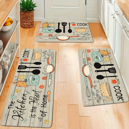 1pc Modern Polyester Kitchen Mat with Cutlery & Letter Graphics - Machine Washable Rectangular Floor Mat for Kitchen/Home Decor, Featuring "The Kitchen's the Heart of the Home" Theme. Perfect for Kitchen Rugs!