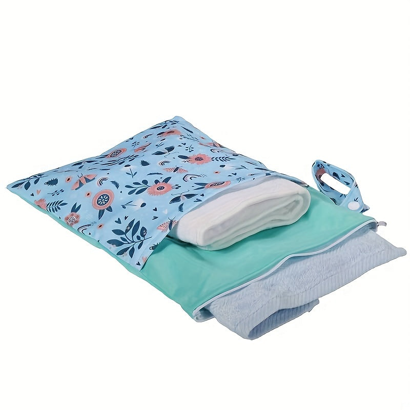 Waterproof multicolor reusable nappies bag with dimensions of 24.99*35.0cm. This wet dry mammy bag features a double pocket, cloth handle, and is a wetbag.