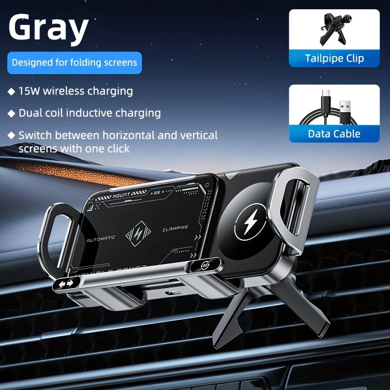 Wireless fast charging car holder for foldable screen phones, compatible with iPhone and Samsung Galaxy series. Charging output up to 15W.