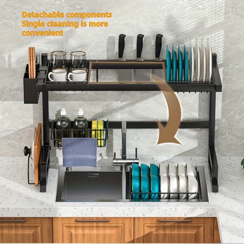 This multi-functional kitchen organizer rack is made of durable cast iron and comes fully assembled. Perfect for organizing dishes, utensils, and more. Great for home storage, draining dishes, holding chopsticks and ladles, and as a cleaning basket.