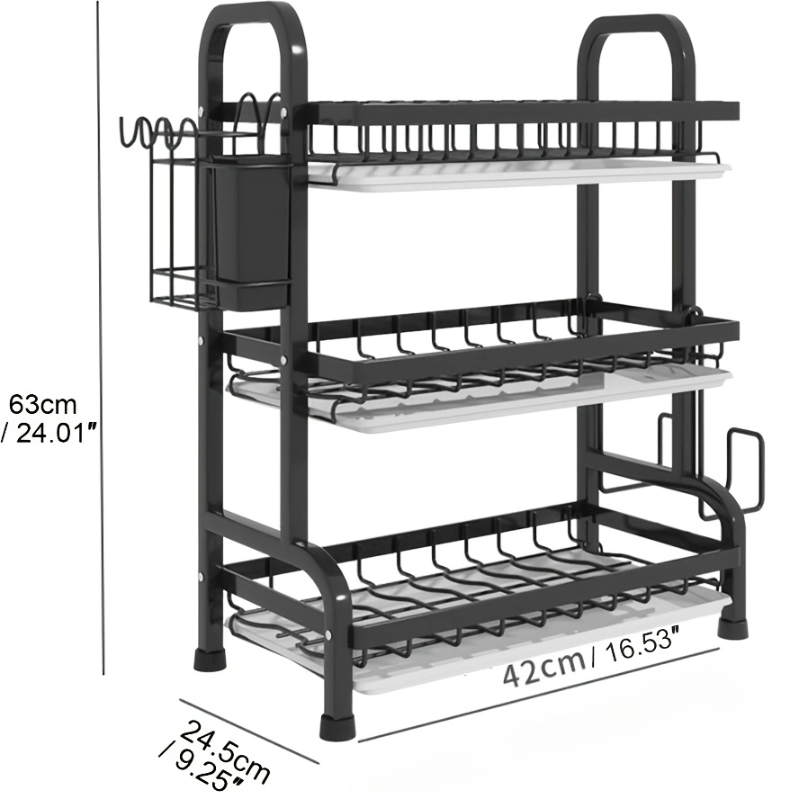 Modern 3-Tier Metal Dish Rack with Drainboard, Kitchen Organizer with Utensil Holder and Cup Stand