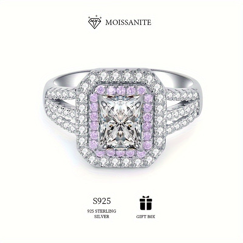 S925 Sterling Silver Luxury Halo Ring featuring a dazzling 2 Carat Square Cut Moissanite, perfect for engagements or special occasions. Hypoallergenic and ideal for parties and banquets, this stunning piece comes with a Moissanite Certificate and an