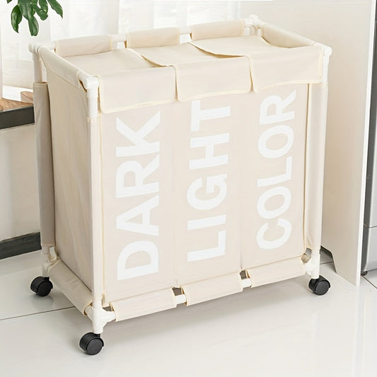 Mobile laundry basket with 1 grid, large hamper bin on wheels with 3 compartments. Waterproof bags for organizing and storing dirty clothes in the home. Great for home organization.