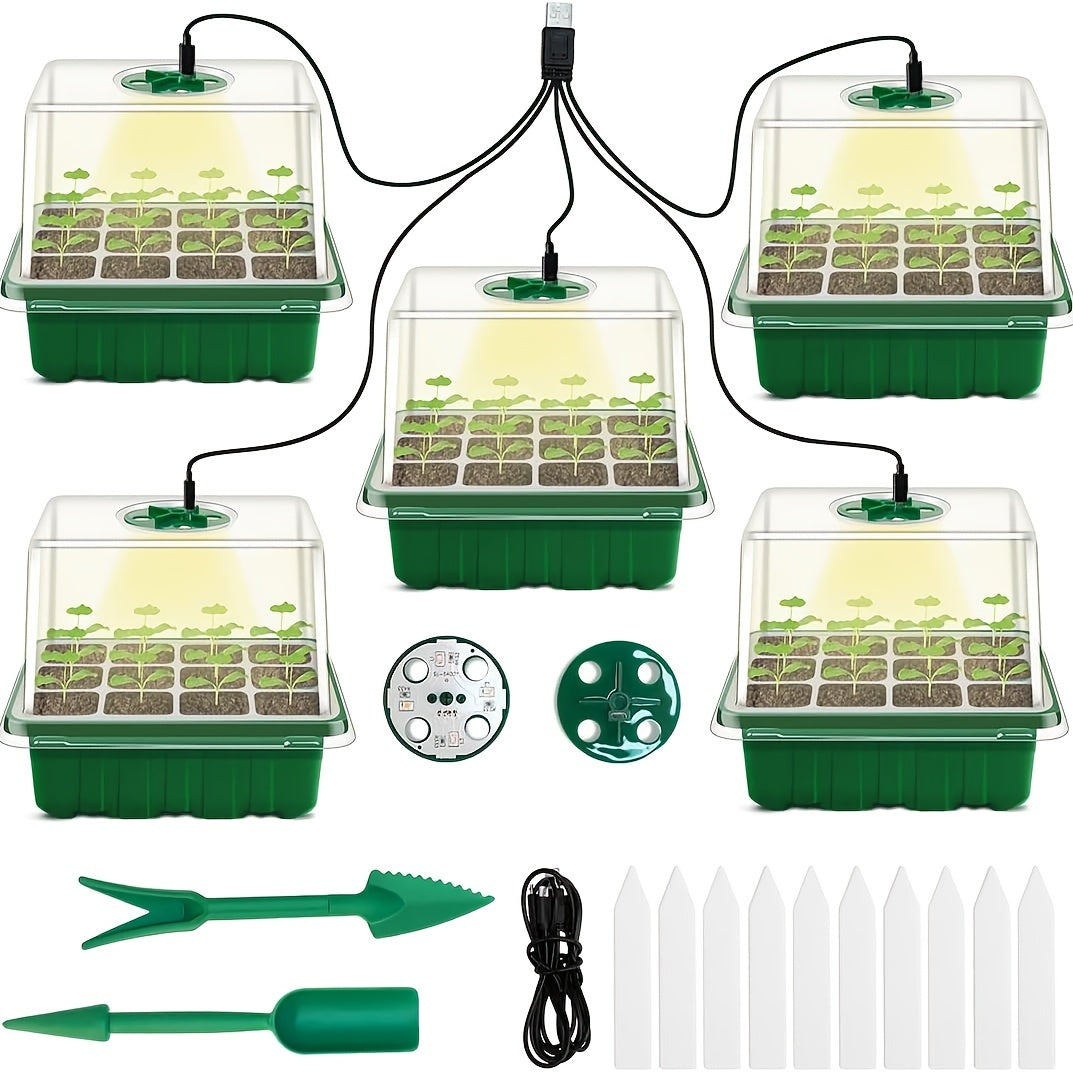 Seed starter trays with grow lights are available in packs of 1, 2, 4, or 5 and include humidity domes and bases for indoor greenhouse seed growth, with each tray containing 12 cells.