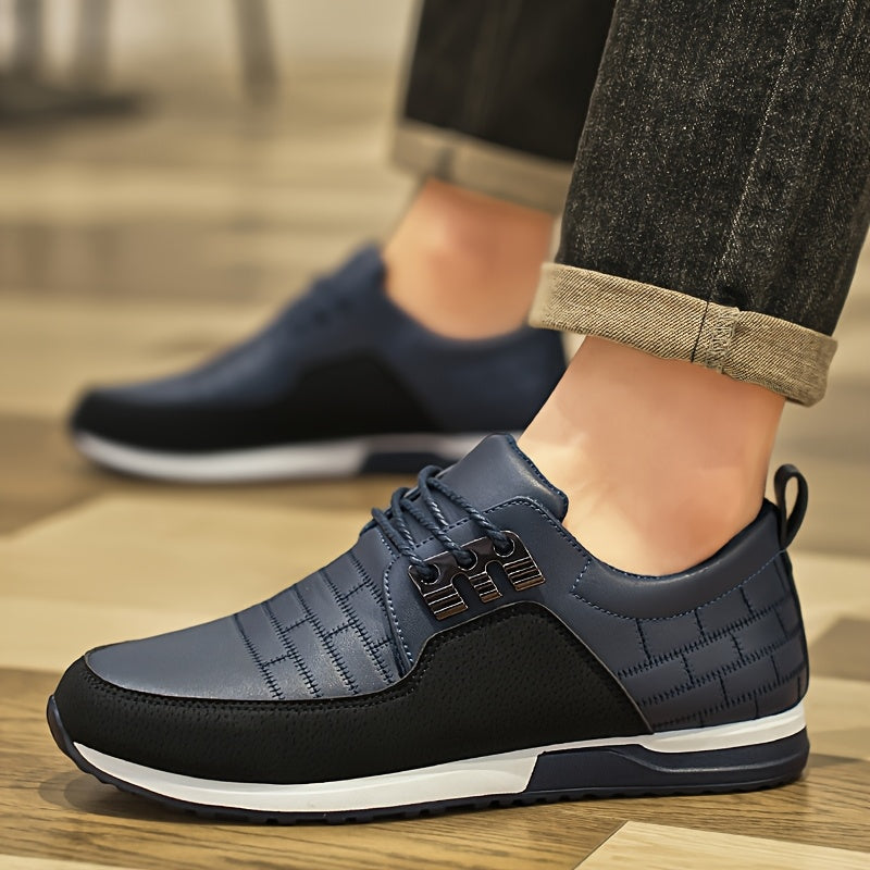 Men's casual business sneakers with a solid color faux upper, fabric lining, EVA insole, and PVC sole. Features a round toe, low-top design, and lace-up closure for daily and leisure wear.