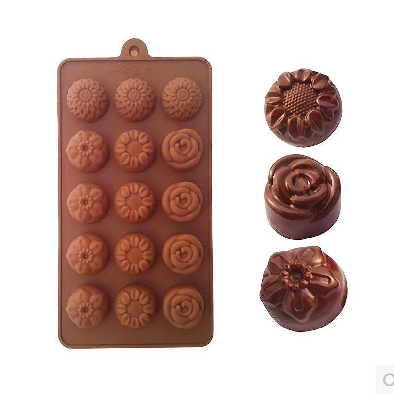 15 small flower-shaped chocolate silicone molds for DIY handmade soap, candy, jelly, mousse, and desserts. Includes 4 different kinds of flower shapes. Perfect for baking and crafting projects.