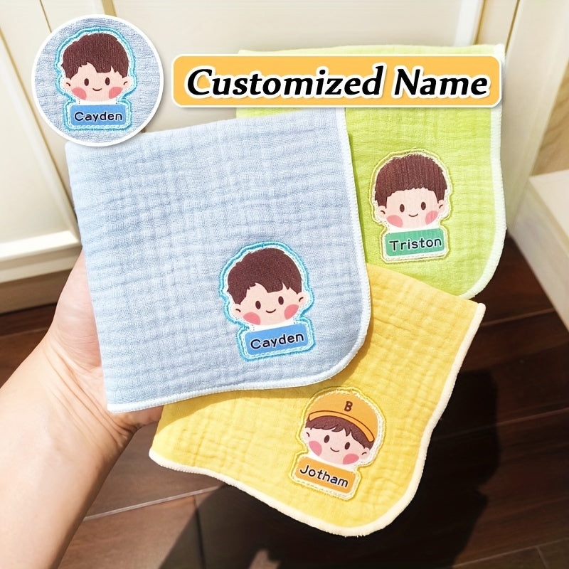 Soft and absorbent gauze handkerchiefs designed for youngsters, featuring breathable, natural material and adorable cartoon designs. Personalized name option also available. Includes 3 pieces.